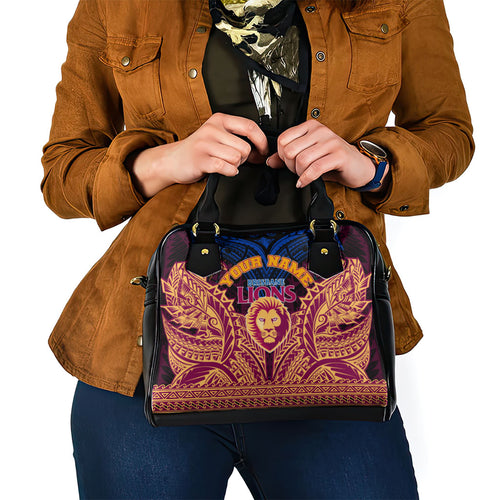 Personalized Brisbane Lions Shoulder Handbag Polynesian Tribal Lion Burgundy Gold Warrior
