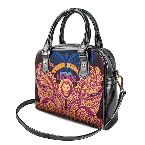 Personalized Brisbane Lions Shoulder Handbag Polynesian Tribal Lion Burgundy Gold Warrior
