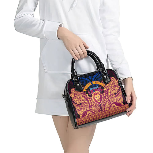 Personalized Brisbane Lions Shoulder Handbag Polynesian Tribal Lion Burgundy Gold Warrior