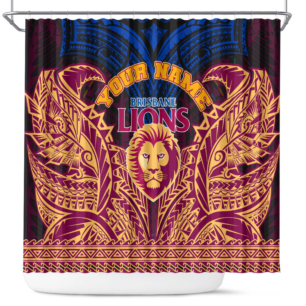 Personalized Brisbane Lions Shower Curtain Polynesian Tribal Lion Burgundy Gold Warrior