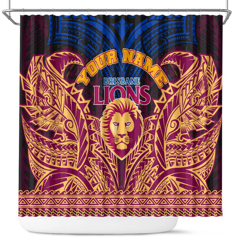 Personalized Brisbane Lions Shower Curtain Polynesian Tribal Lion Burgundy Gold Warrior