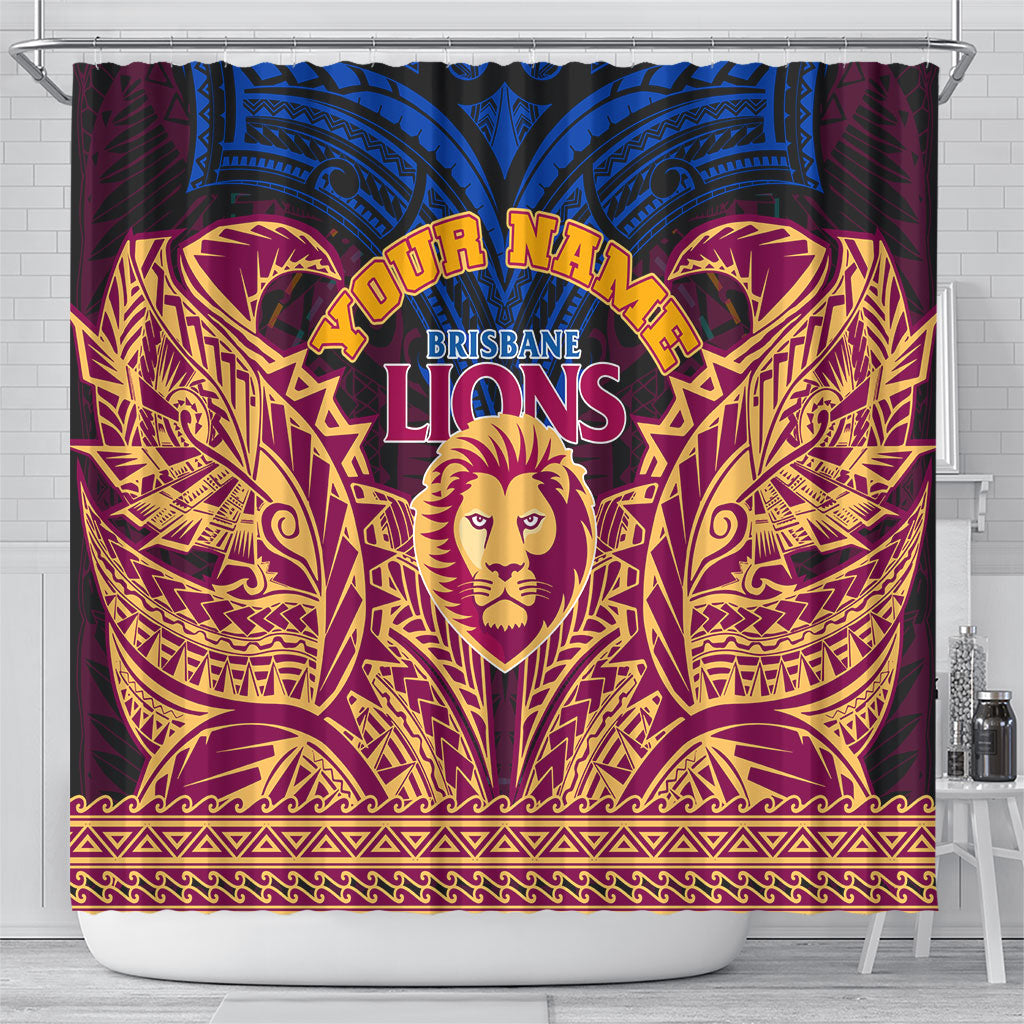 Personalized Brisbane Lions Shower Curtain Polynesian Tribal Lion Burgundy Gold Warrior
