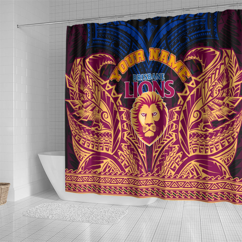 Personalized Brisbane Lions Shower Curtain Polynesian Tribal Lion Burgundy Gold Warrior