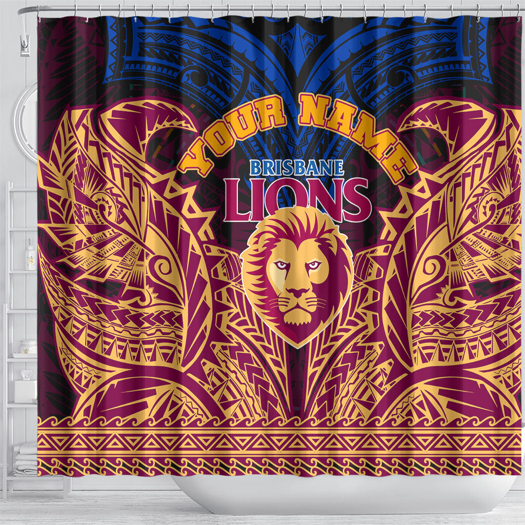 Personalized Brisbane Lions Shower Curtain Polynesian Tribal Lion Burgundy Gold Warrior