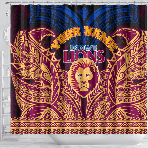 Personalized Brisbane Lions Shower Curtain Polynesian Tribal Lion Burgundy Gold Warrior