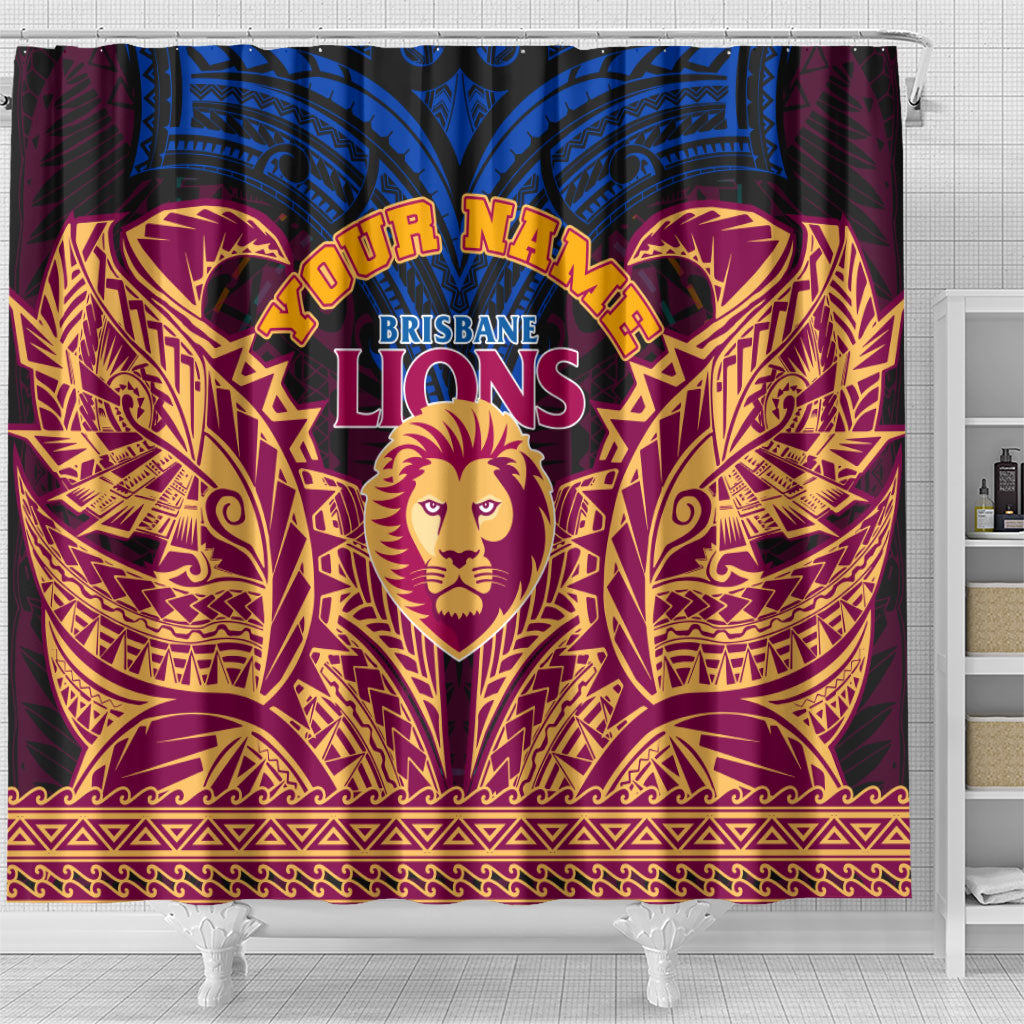 Personalized Brisbane Lions Shower Curtain Polynesian Tribal Lion Burgundy Gold Warrior