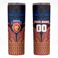 Personalized Brisbane Lions Skinny Tumbler Polynesian Tribal Lion Burgundy Gold Warrior