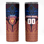 Personalized Brisbane Lions Skinny Tumbler Polynesian Tribal Lion Burgundy Gold Warrior