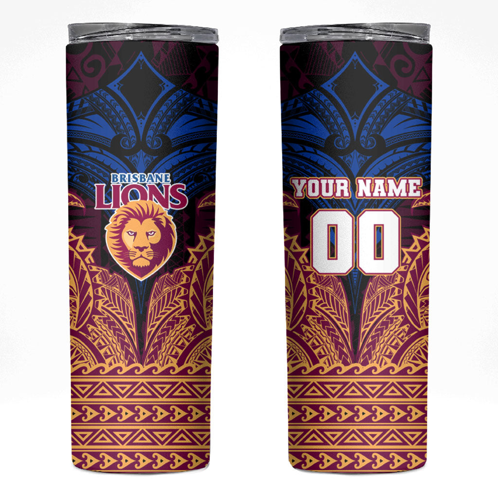 Personalized Brisbane Lions Skinny Tumbler Polynesian Tribal Lion Burgundy Gold Warrior