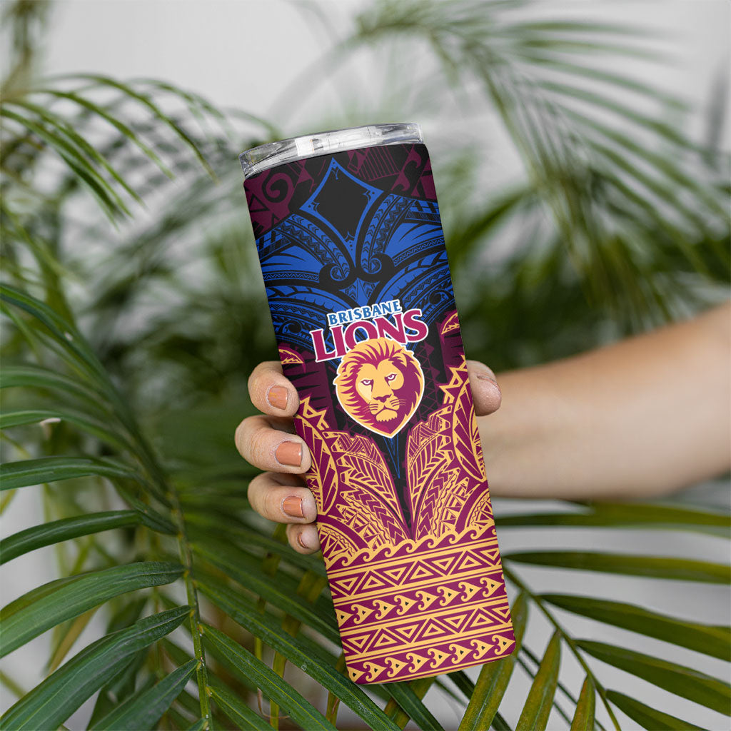 Personalized Brisbane Lions Skinny Tumbler Polynesian Tribal Lion Burgundy Gold Warrior