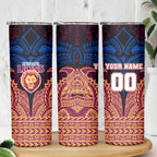 Personalized Brisbane Lions Skinny Tumbler Polynesian Tribal Lion Burgundy Gold Warrior