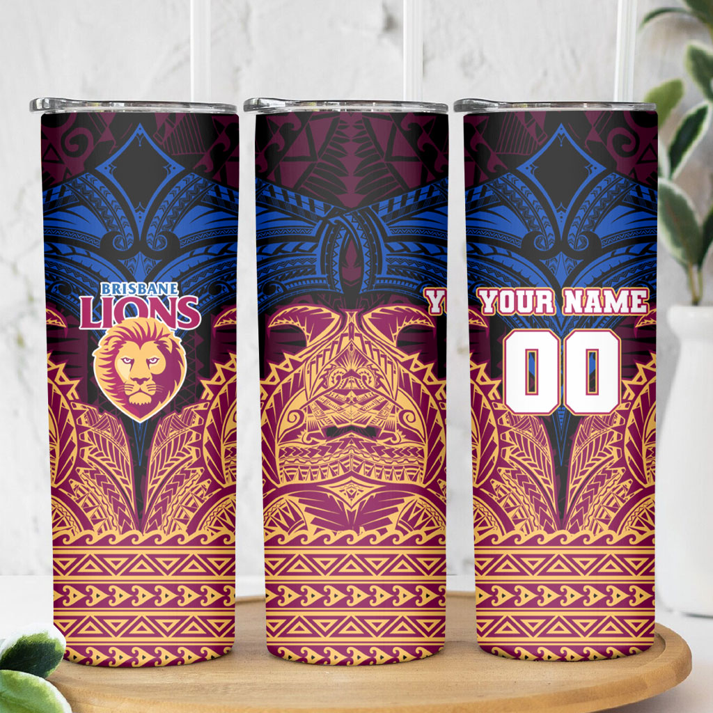 Personalized Brisbane Lions Skinny Tumbler Polynesian Tribal Lion Burgundy Gold Warrior