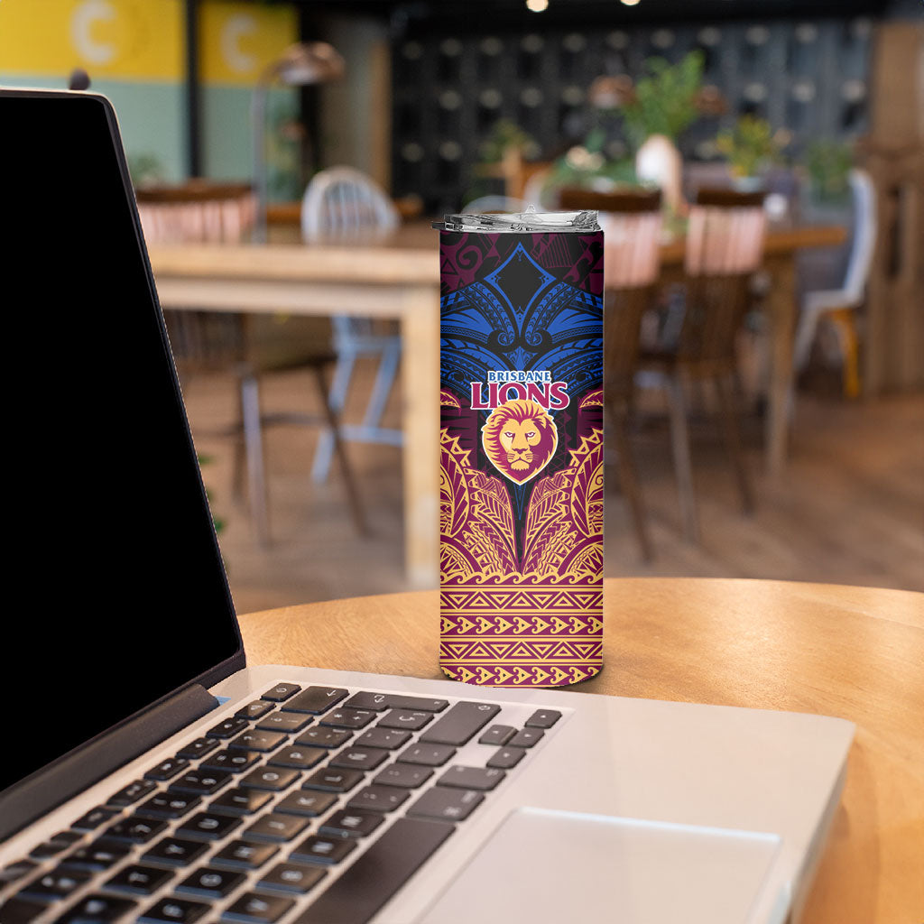 Personalized Brisbane Lions Skinny Tumbler Polynesian Tribal Lion Burgundy Gold Warrior
