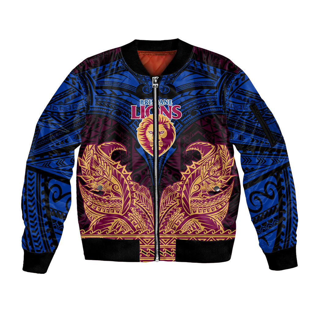 Personalized Brisbane Lions Sleeve Zip Bomber Jacket Polynesian Tribal Lion Burgundy Gold Warrior