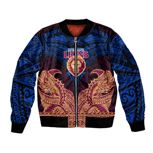 Personalized Brisbane Lions Sleeve Zip Bomber Jacket Polynesian Tribal Lion Burgundy Gold Warrior