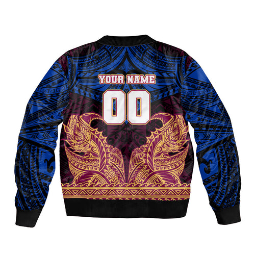 Personalized Brisbane Lions Sleeve Zip Bomber Jacket Polynesian Tribal Lion Burgundy Gold Warrior