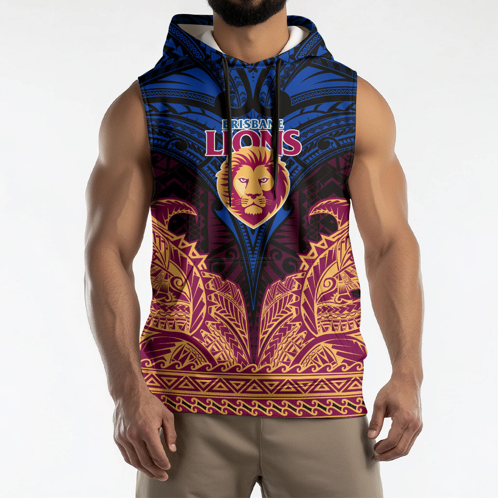 Personalized Brisbane Lions Sleeveless Hoodie Polynesian Tribal Lion Burgundy Gold Warrior