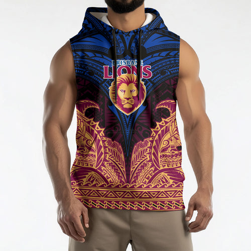 Personalized Brisbane Lions Sleeveless Hoodie Polynesian Tribal Lion Burgundy Gold Warrior