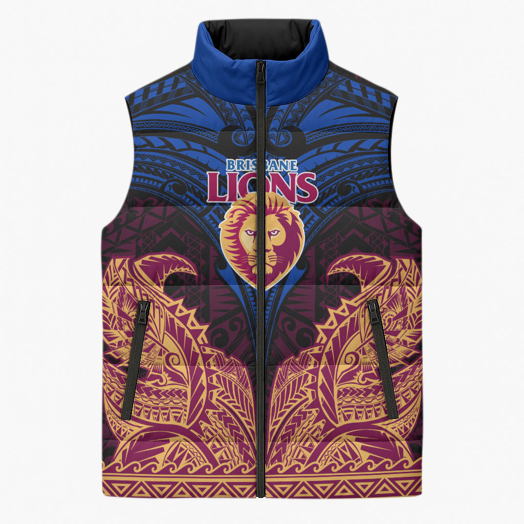 Personalized Brisbane Lions Sleeveless Puffer Jacket Polynesian Tribal Lion Burgundy Gold Warrior