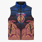 Personalized Brisbane Lions Sleeveless Puffer Jacket Polynesian Tribal Lion Burgundy Gold Warrior