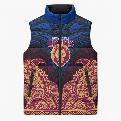 Personalized Brisbane Lions Sleeveless Puffer Jacket Polynesian Tribal Lion Burgundy Gold Warrior
