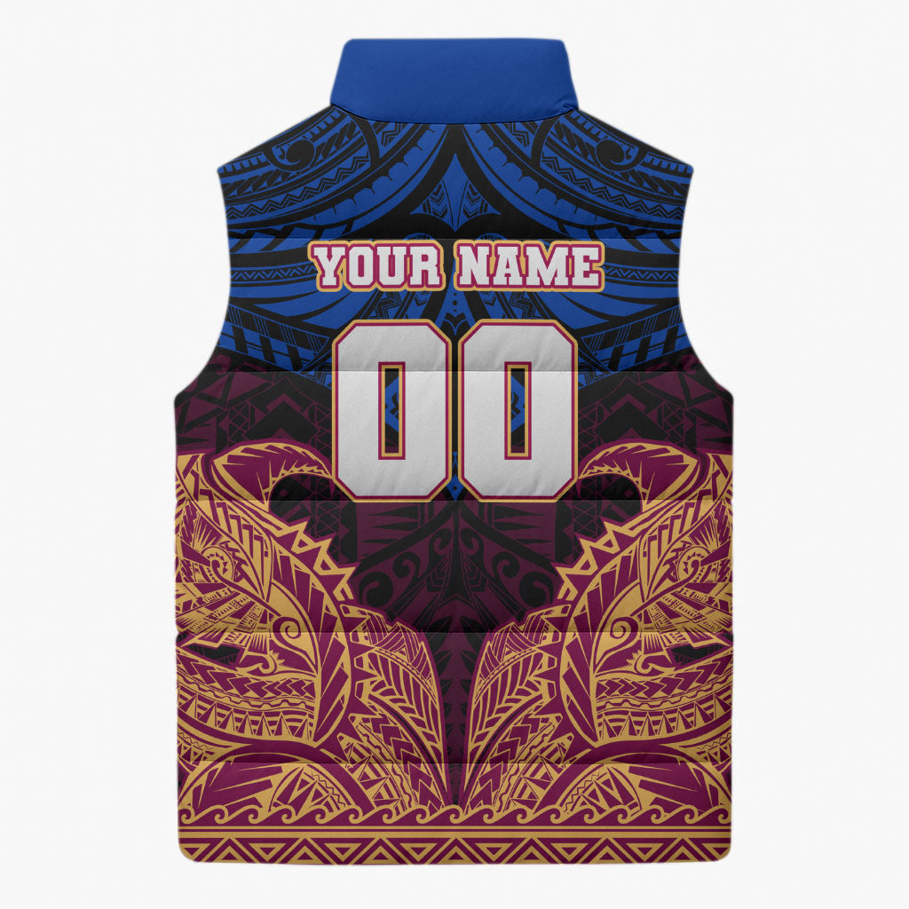 Personalized Brisbane Lions Sleeveless Puffer Jacket Polynesian Tribal Lion Burgundy Gold Warrior