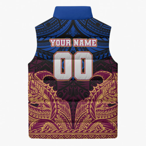 Personalized Brisbane Lions Sleeveless Puffer Jacket Polynesian Tribal Lion Burgundy Gold Warrior