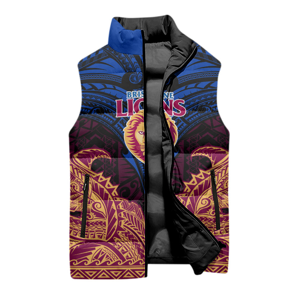 Personalized Brisbane Lions Sleeveless Puffer Jacket Polynesian Tribal Lion Burgundy Gold Warrior