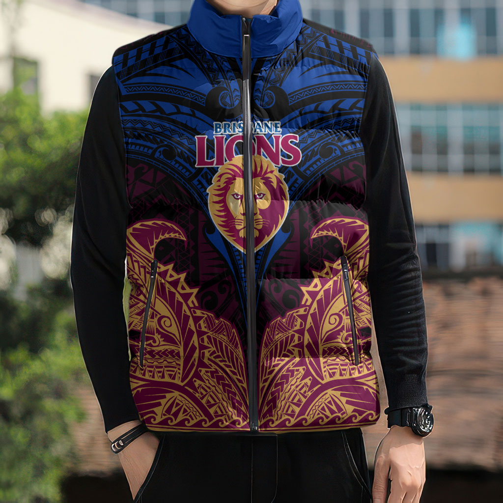 Personalized Brisbane Lions Sleeveless Puffer Jacket Polynesian Tribal Lion Burgundy Gold Warrior