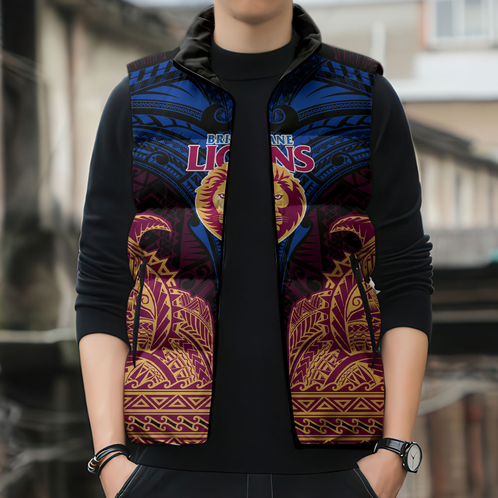 Personalized Brisbane Lions Sleeveless Puffer Jacket Polynesian Tribal Lion Burgundy Gold Warrior