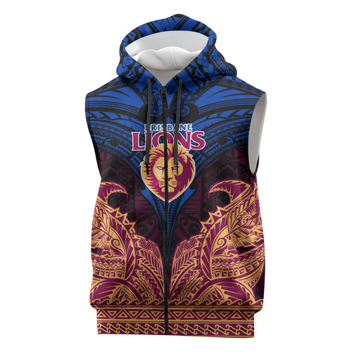 Personalized Brisbane Lions Sleeveless Zip Hoodie Polynesian Tribal Lion Burgundy Gold Warrior