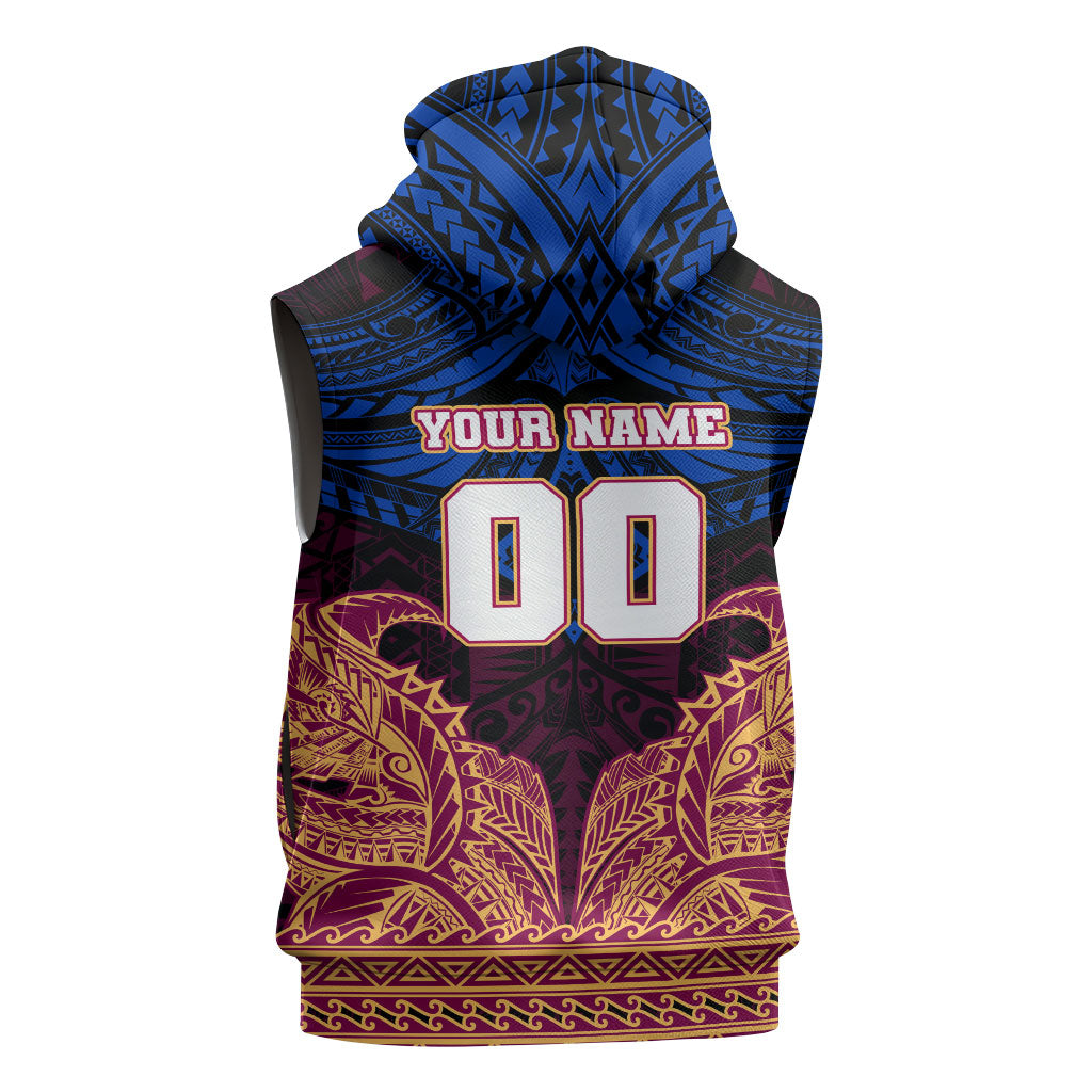 Personalized Brisbane Lions Sleeveless Zip Hoodie Polynesian Tribal Lion Burgundy Gold Warrior