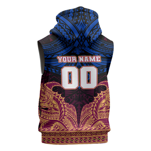 Personalized Brisbane Lions Sleeveless Zip Hoodie Polynesian Tribal Lion Burgundy Gold Warrior