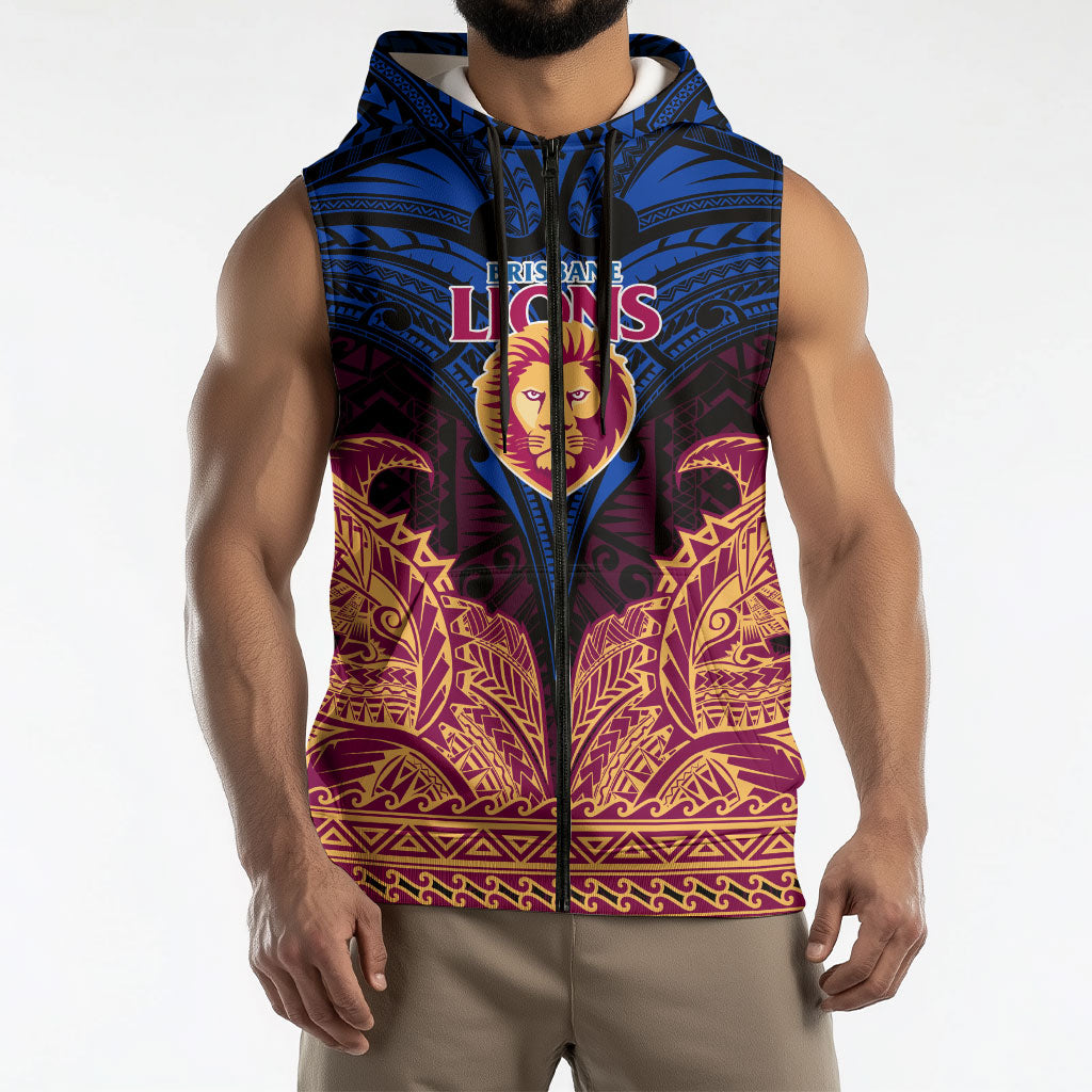 Personalized Brisbane Lions Sleeveless Zip Hoodie Polynesian Tribal Lion Burgundy Gold Warrior