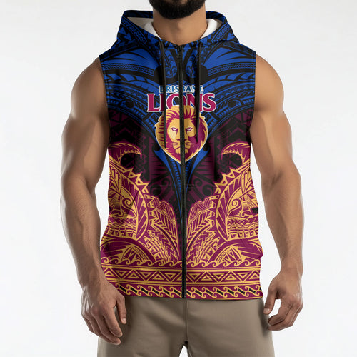 Personalized Brisbane Lions Sleeveless Zip Hoodie Polynesian Tribal Lion Burgundy Gold Warrior