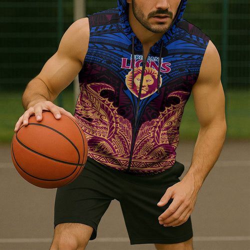 Personalized Brisbane Lions Sleeveless Zip Hoodie Polynesian Tribal Lion Burgundy Gold Warrior