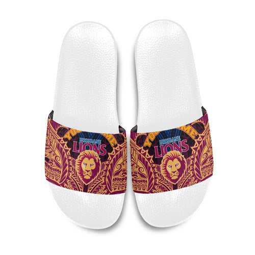 Personalized Brisbane Lions Slide Sandals Polynesian Tribal Lion Burgundy Gold Warrior