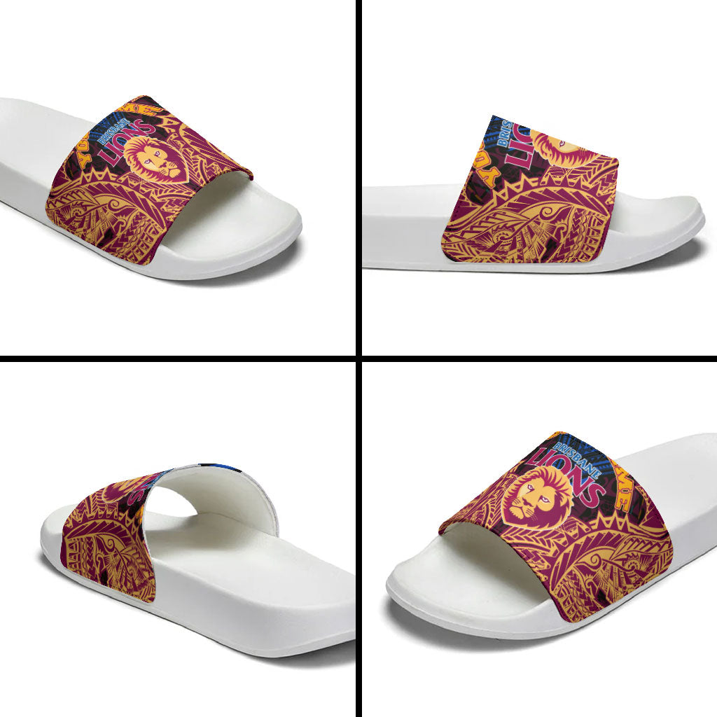 Personalized Brisbane Lions Slide Sandals Polynesian Tribal Lion Burgundy Gold Warrior