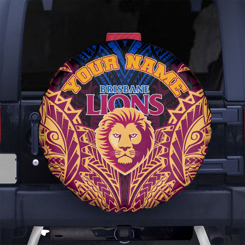 Personalized Brisbane Lions Spare Tire Cover Polynesian Tribal Lion Burgundy Gold Warrior