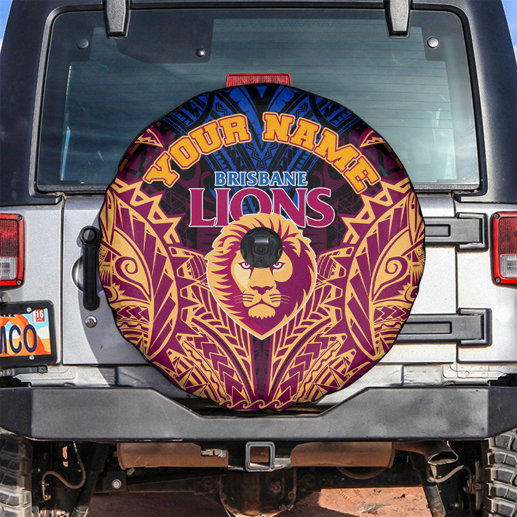 Personalized Brisbane Lions Spare Tire Cover Polynesian Tribal Lion Burgundy Gold Warrior