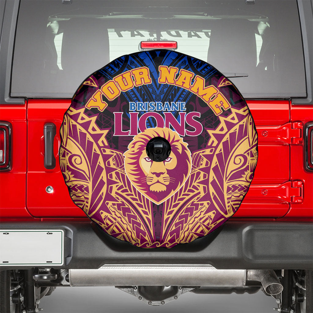 Personalized Brisbane Lions Spare Tire Cover Polynesian Tribal Lion Burgundy Gold Warrior
