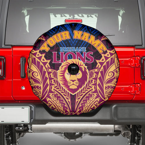 Personalized Brisbane Lions Spare Tire Cover Polynesian Tribal Lion Burgundy Gold Warrior