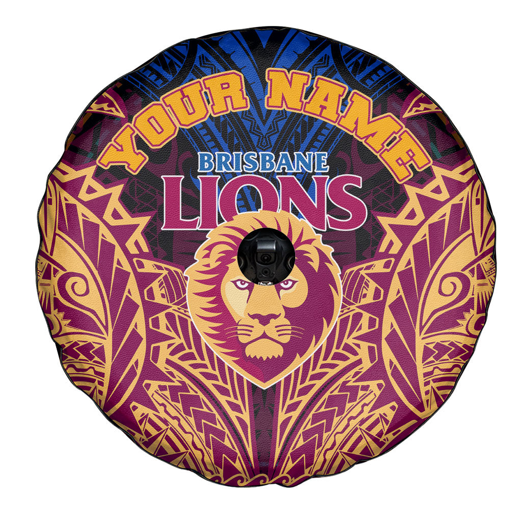 Personalized Brisbane Lions Spare Tire Cover Polynesian Tribal Lion Burgundy Gold Warrior