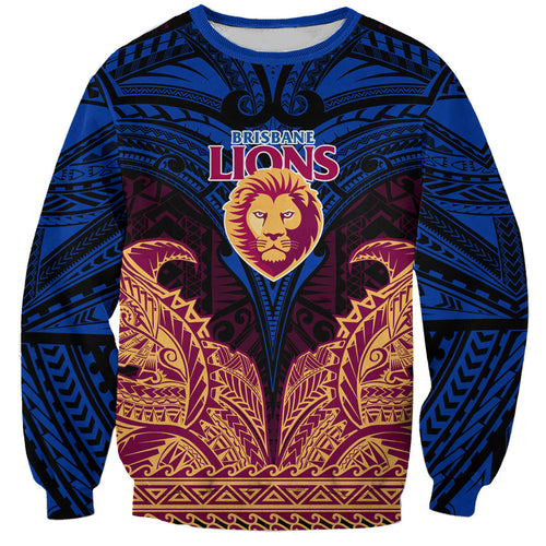 Personalized Brisbane Lions Sweatshirt Polynesian Tribal Lion Burgundy Gold Warrior