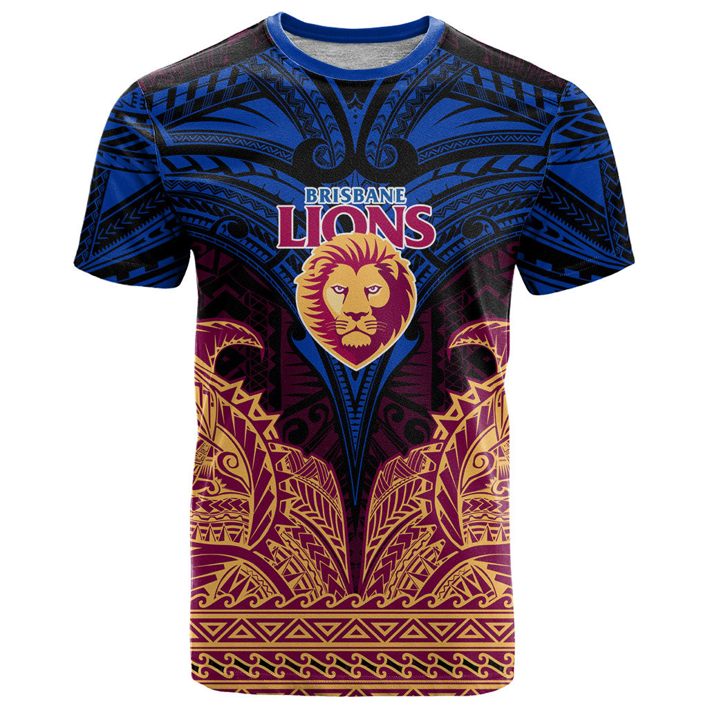 Personalized Brisbane Lions T Shirt Polynesian Tribal Lion Burgundy Gold Warrior