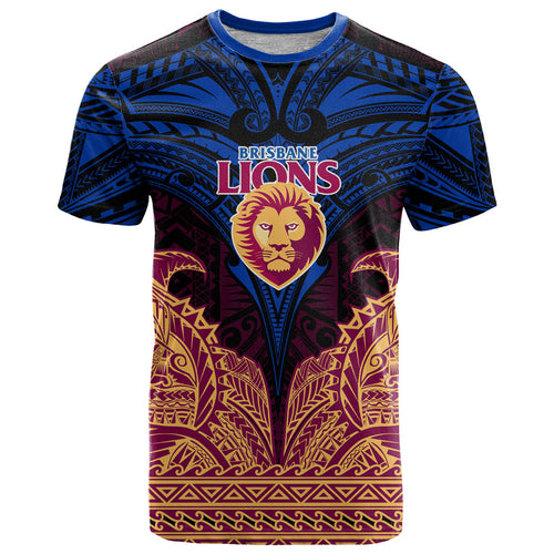 Personalized Brisbane Lions T Shirt Polynesian Tribal Lion Burgundy Gold Warrior