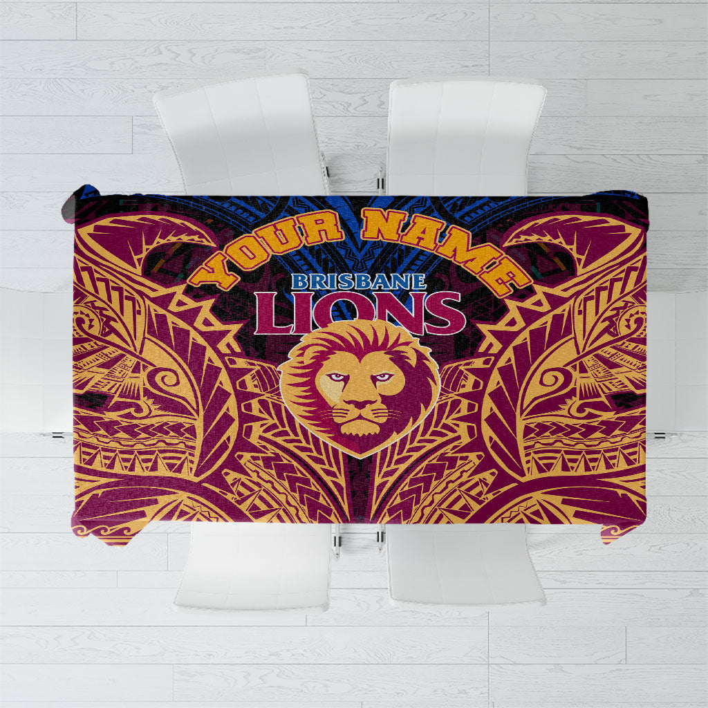 Personalized Brisbane Lions Tablecloth Polynesian Tribal Lion Burgundy Gold Warrior
