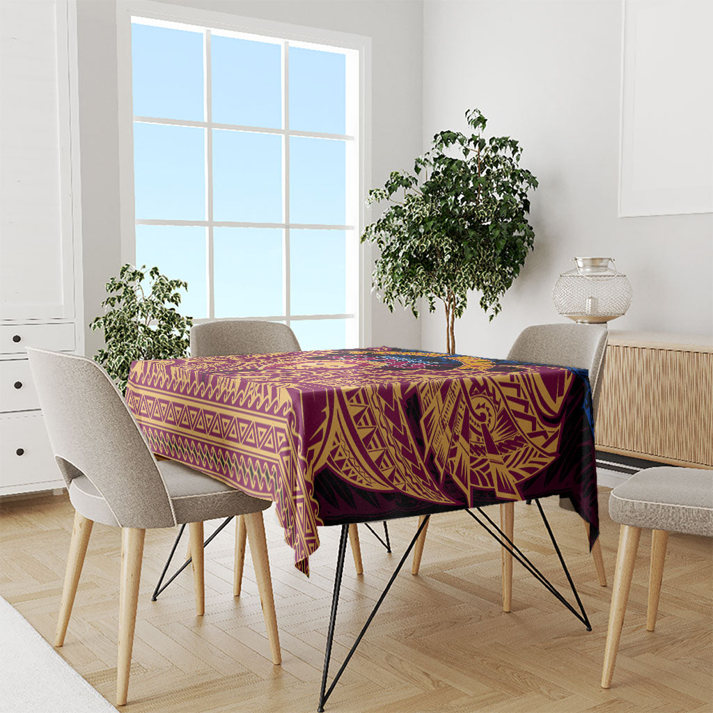Personalized Brisbane Lions Tablecloth Polynesian Tribal Lion Burgundy Gold Warrior