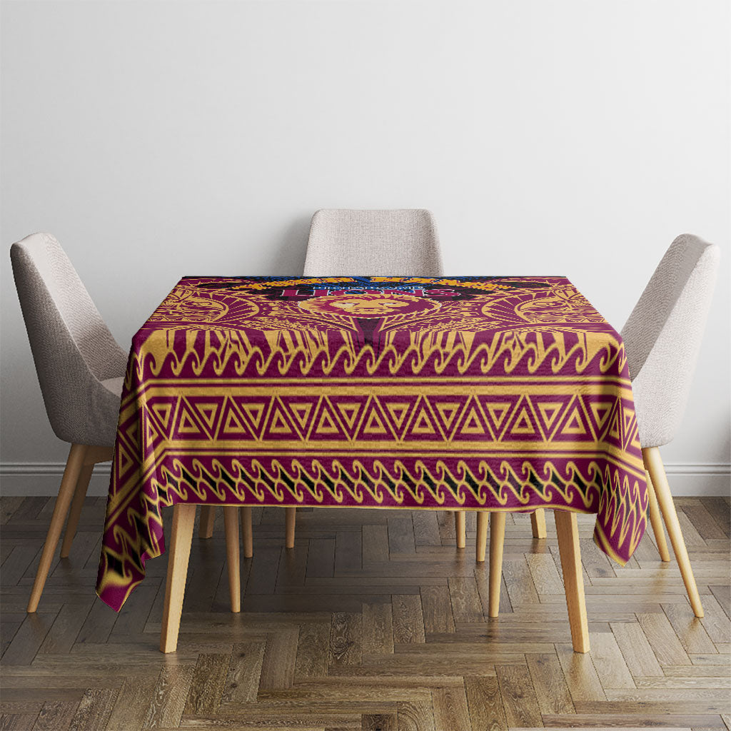 Personalized Brisbane Lions Tablecloth Polynesian Tribal Lion Burgundy Gold Warrior
