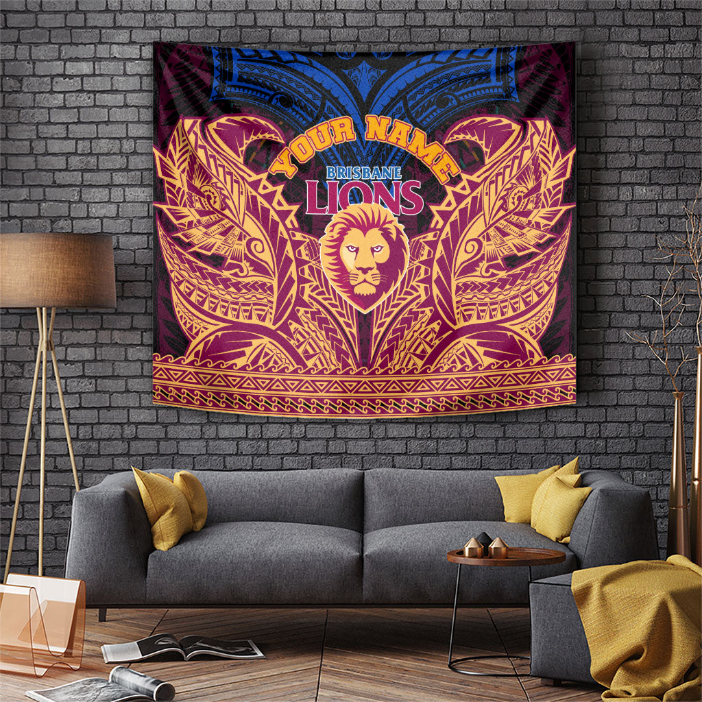 Personalized Brisbane Lions Tapestry Polynesian Tribal Lion Burgundy Gold Warrior